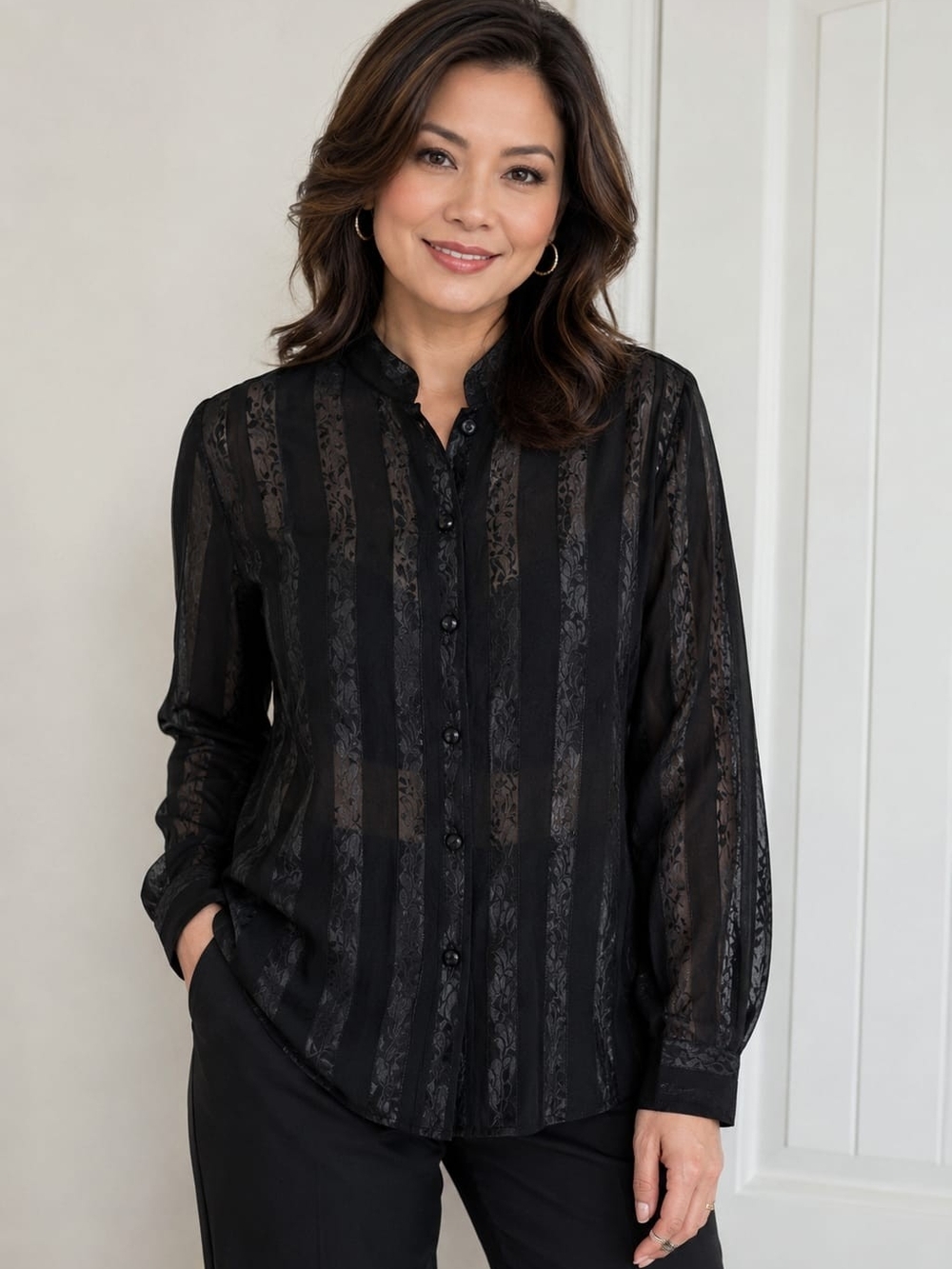 Karen Scott Black Sheer Lace-Stripe Button Down Blouse